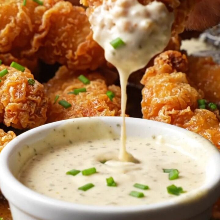 Golden crispy chicken tenders stacked on a wire rack, with a bowl of ranch for dipping