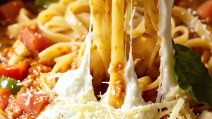 Tagliatelle pasta with roasted tomatoes and peppers, topped with melted mozzarella and basil