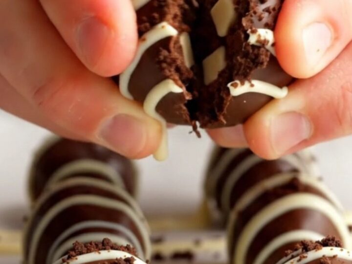 A chocolate cookie truffle snapped in half, showing a chewy center with white chocolate chips and a crisp chocolate shell.