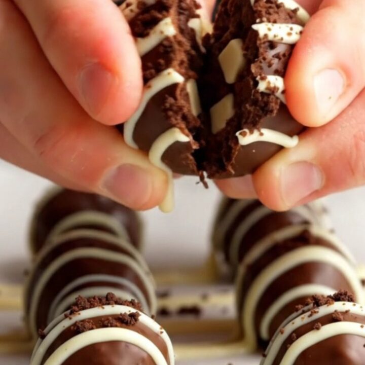 A chocolate cookie truffle snapped in half, showing a chewy center with white chocolate chips and a crisp chocolate shell.