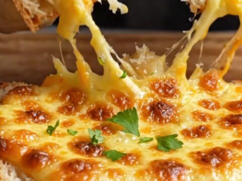 Ultimate garlic bread with melted mozzarella and cheddar, golden and bubbly, on a baking sheet