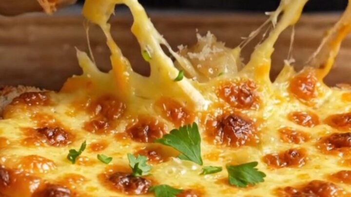 Ultimate garlic bread with melted mozzarella and cheddar, golden and bubbly, on a baking sheet