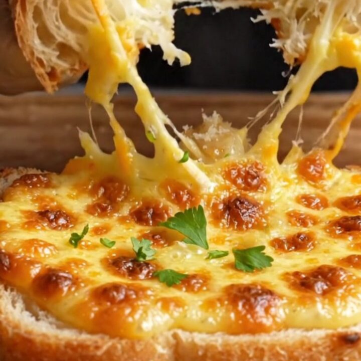 Ultimate garlic bread with melted mozzarella and cheddar, golden and bubbly, on a baking sheet