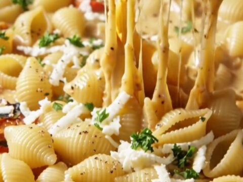 Spoonful of conchiglie pasta in roasted tomato and red pepper sauce with melted mozzarella stretching.