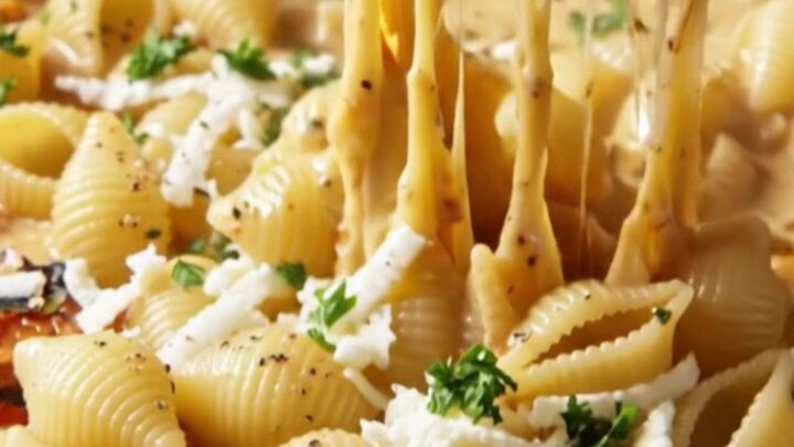 Spoonful of conchiglie pasta in roasted tomato and red pepper sauce with melted mozzarella stretching.