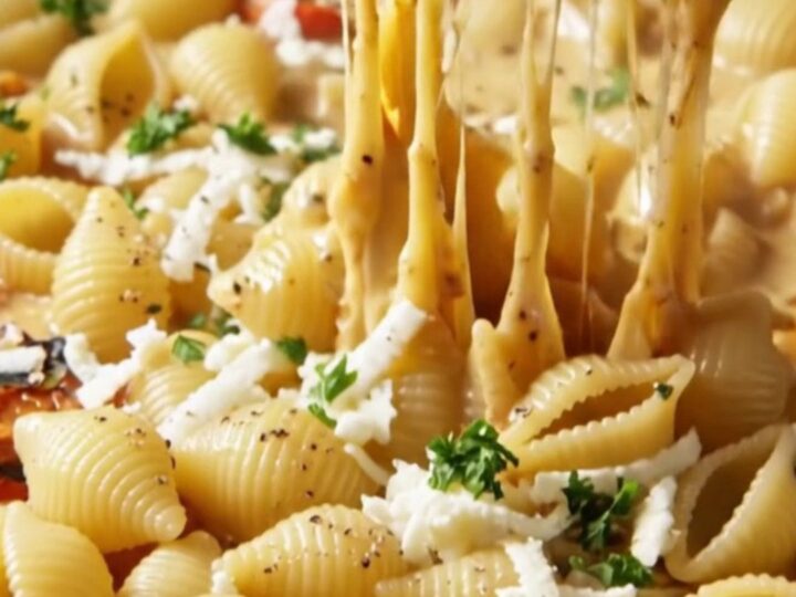 Spoonful of conchiglie pasta in roasted tomato and red pepper sauce with melted mozzarella stretching.