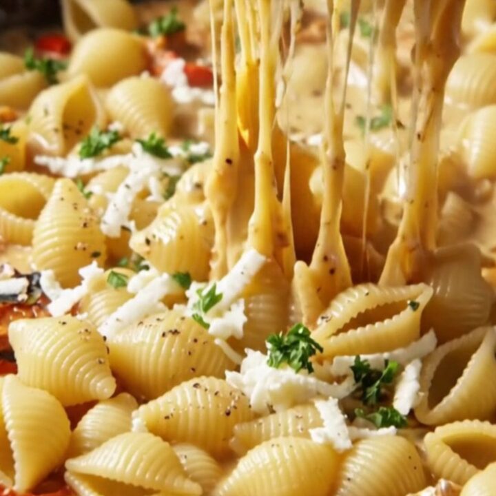 Spoonful of conchiglie pasta in roasted tomato and red pepper sauce with melted mozzarella stretching.