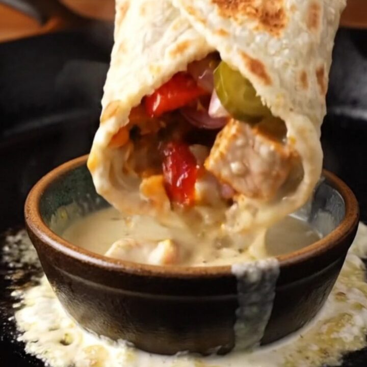 A crispy chicken shish kebab wrap cut in half, showing charred chicken, sumac onions, and garlic sauce.