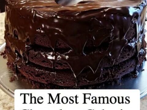 Gâteau au chocolat fudge à trois étages, glaçage brillant lissé sur un plat argenté