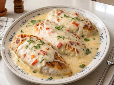 A golden-seared chicken breast smothered in creamy parmesan sauce on a white oval platter.
