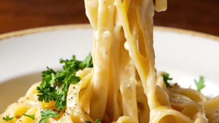 A fork twirling glossy fettuccine Alfredo with creamy sauce and steam rising in a shallow bowl.