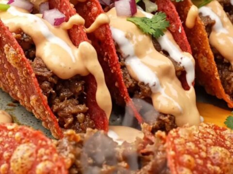 Crispy cheesy chipotle beef tacos drizzled with lime crema and topped with red onion and cilantro