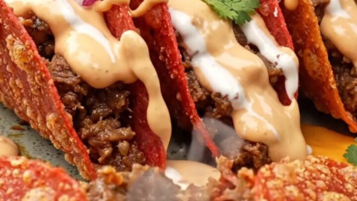 Crispy cheesy chipotle beef tacos drizzled with lime crema and topped with red onion and cilantro