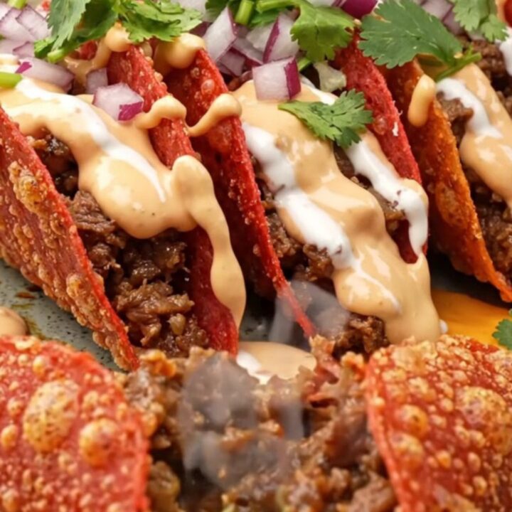 Crispy cheesy chipotle beef tacos drizzled with lime crema and topped with red onion and cilantro