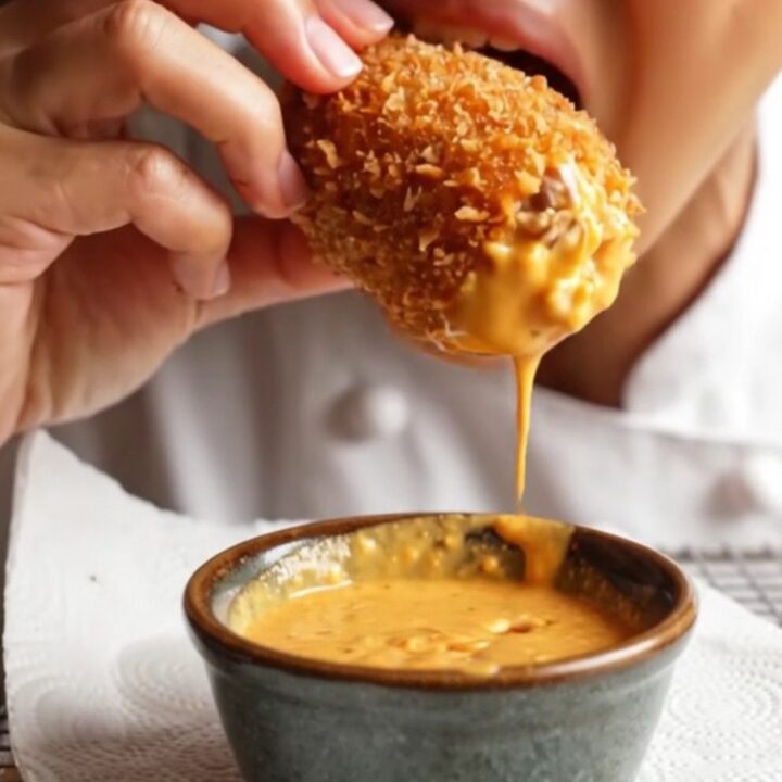 Golden crispy chicken potato croquettes with a cheesy pull