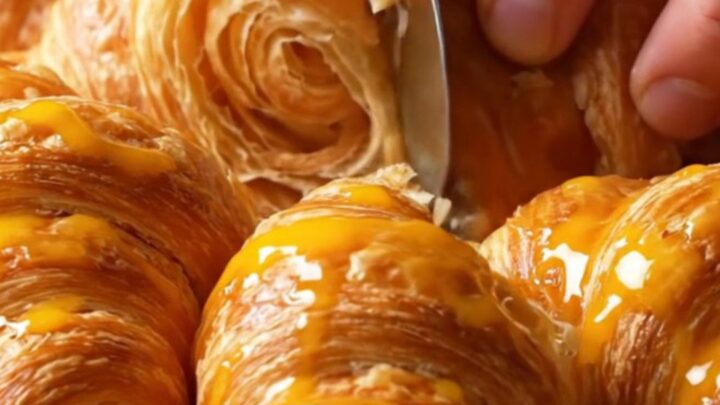 Golden flaky croissants stacked on a cooling rack, with visible layers and a glossy crust.