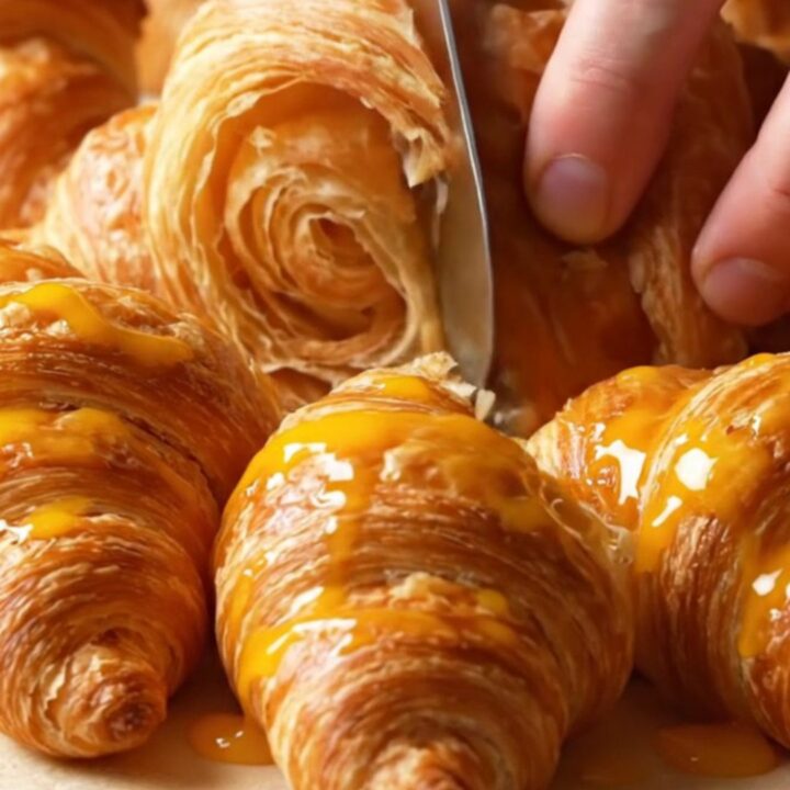 Golden flaky croissants stacked on a cooling rack, with visible layers and a glossy crust.