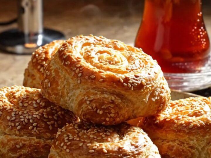 Golden crispy sesame cheese pinwheels on a parchment-lined baking sheet, showing flaky layers and melted feta.