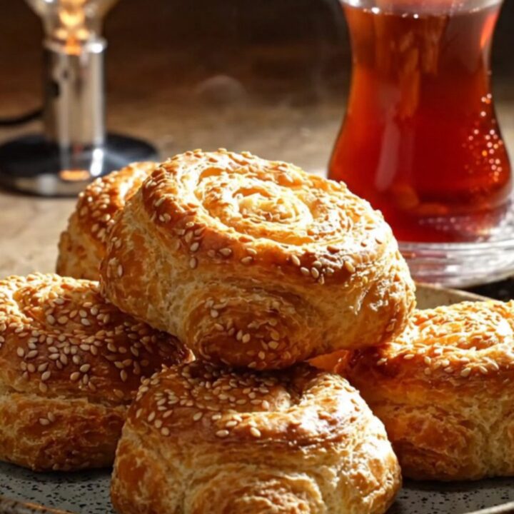 Golden crispy sesame cheese pinwheels on a parchment-lined baking sheet, showing flaky layers and melted feta.
