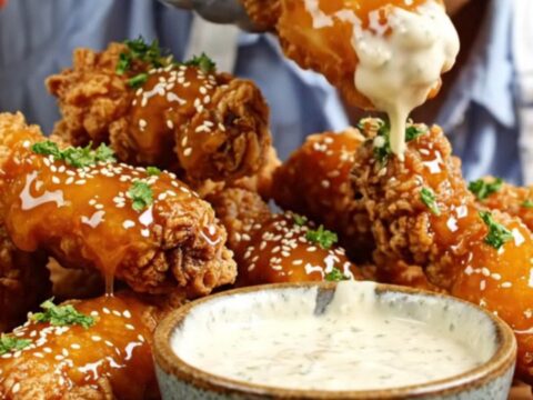 Crispy honey BBQ chicken tenders on a platter, glistening with glaze and garnished with parsley
