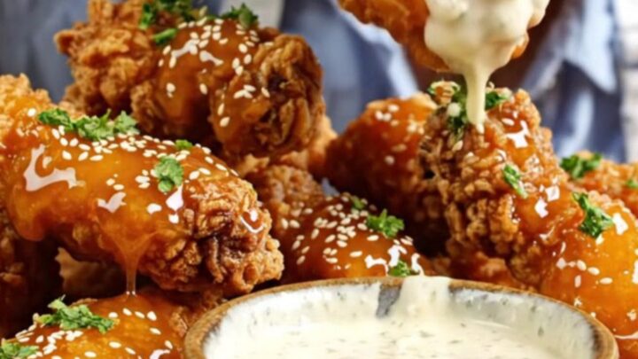 Crispy honey BBQ chicken tenders on a platter, glistening with glaze and garnished with parsley