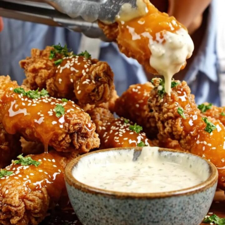 Crispy honey BBQ chicken tenders on a platter, glistening with glaze and garnished with parsley
