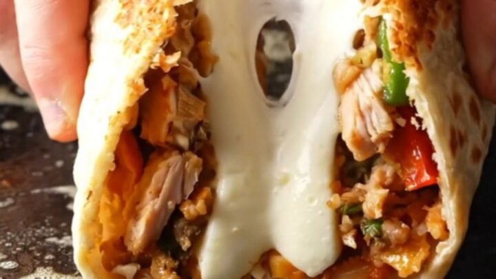 Crispy chicken Philly cheesesteak wrap cut in half with melted cheese stretching out