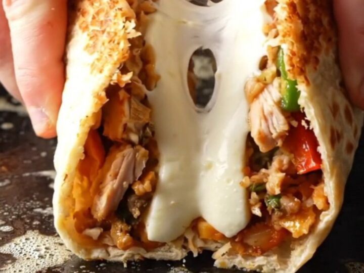 Crispy chicken Philly cheesesteak wrap cut in half with melted cheese stretching out