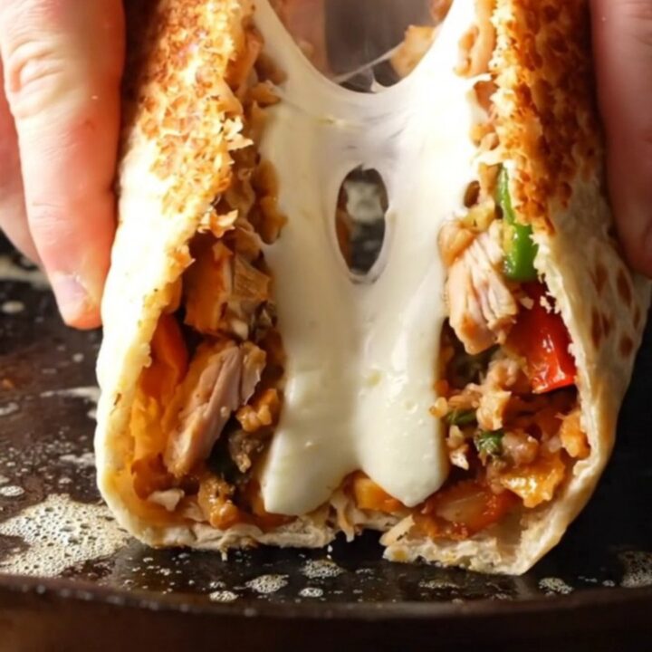 Crispy chicken Philly cheesesteak wrap cut in half with melted cheese stretching out