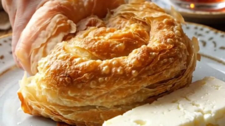 Golden Turkish katmer flatbread with visible flaky layers, torn open to show thin sheets
