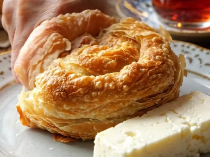 Golden Turkish katmer flatbread with visible flaky layers, torn open to show thin sheets