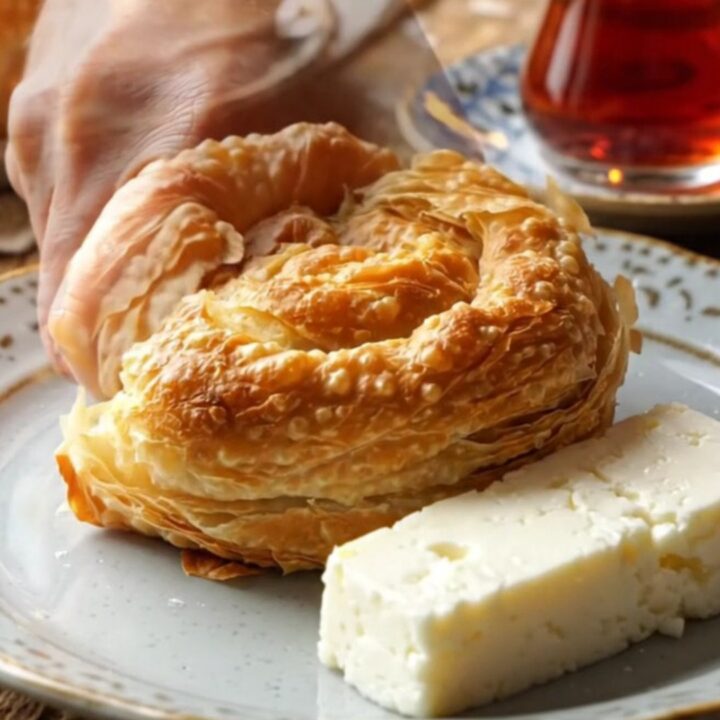 Golden Turkish katmer flatbread with visible flaky layers, torn open to show thin sheets