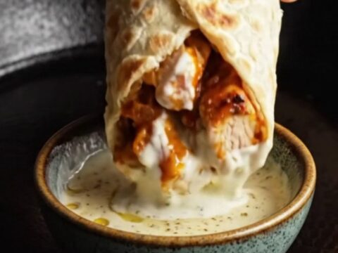 Sheet pan chicken kebab wraps cut in half, showing juicy chicken and charred peppers with garlic yogurt sauce.