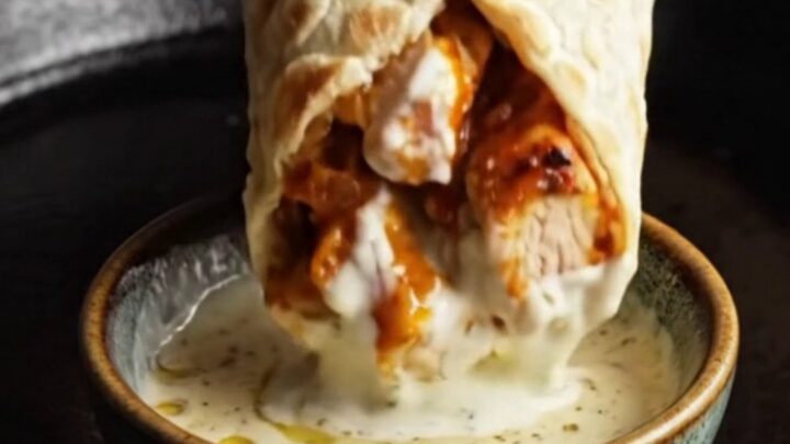 Sheet pan chicken kebab wraps cut in half, showing juicy chicken and charred peppers with garlic yogurt sauce.