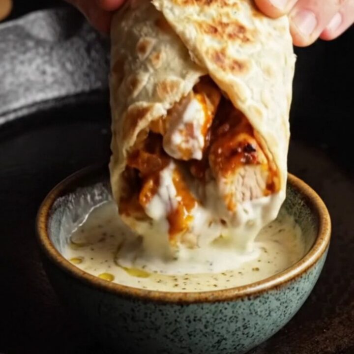 Sheet pan chicken kebab wraps cut in half, showing juicy chicken and charred peppers with garlic yogurt sauce.
