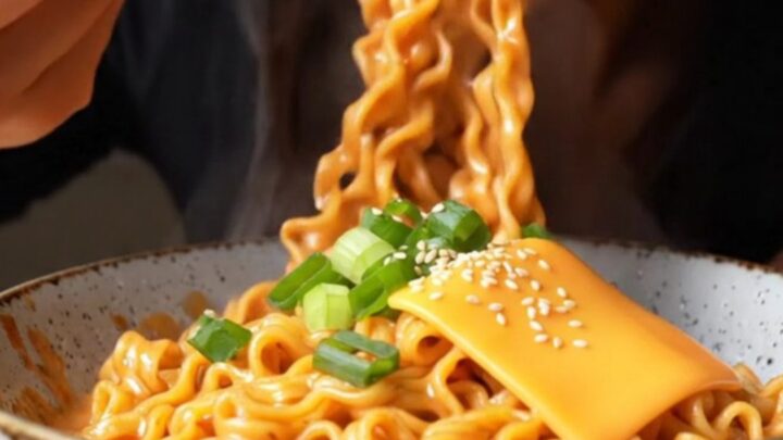 Chopsticks lifting glossy ramen noodles coated in creamy chili garlic sauce, topped with melted cheese and scallions.