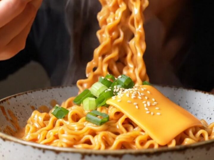 Chopsticks lifting glossy ramen noodles coated in creamy chili garlic sauce, topped with melted cheese and scallions.
