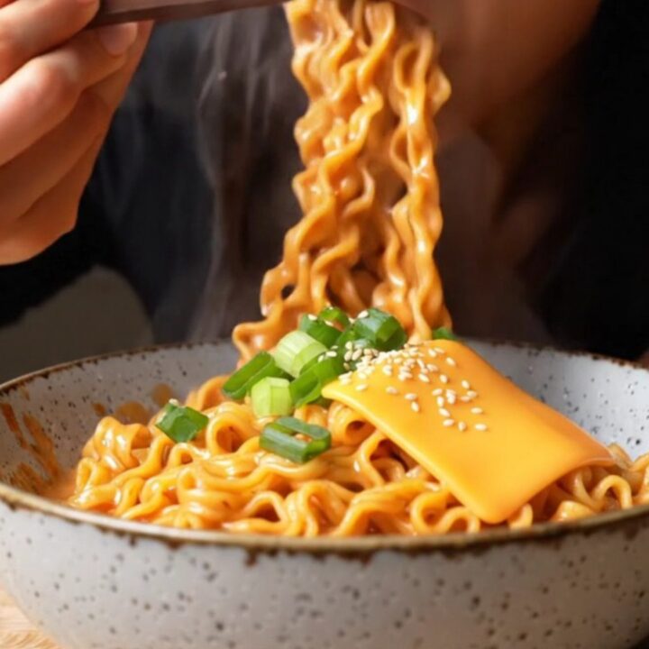 Chopsticks lifting glossy ramen noodles coated in creamy chili garlic sauce, topped with melted cheese and scallions.