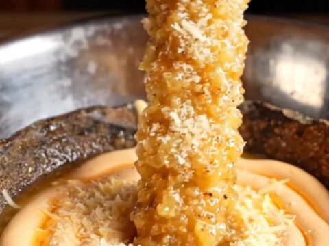 Giant golden crispy extra-long fries piled on a plate with a bowl of spicy mayo