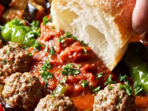 Skillet filled with eggplant, meatballs, and tomato sauce, topped with parsley