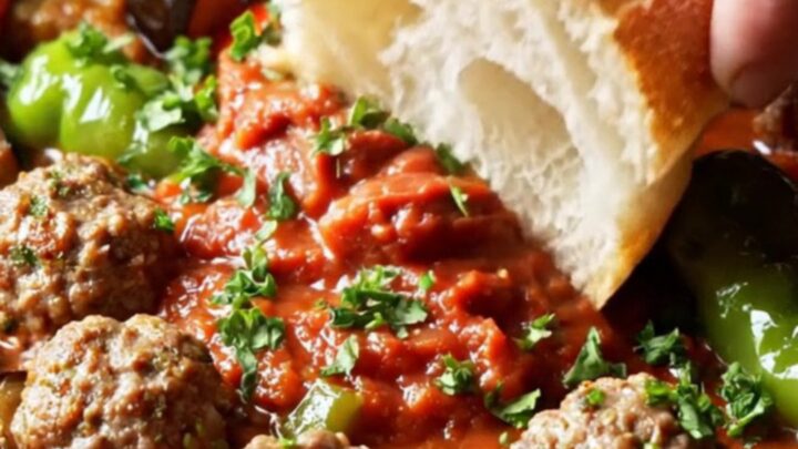 Skillet filled with eggplant, meatballs, and tomato sauce, topped with parsley