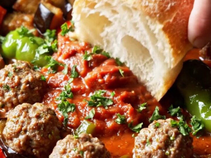 Skillet filled with eggplant, meatballs, and tomato sauce, topped with parsley