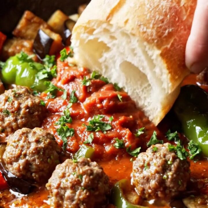 Skillet filled with eggplant, meatballs, and tomato sauce, topped with parsley