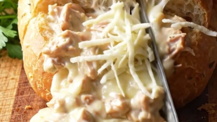 Cheesy Chicken Alfredo Stuffed Garlic Bread with melted mozzarella pull