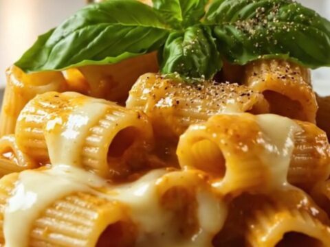 A black spatula scooping up a piping hot mound of shell pasta in a creamy roasted tomato sauce with melted cheese pulling