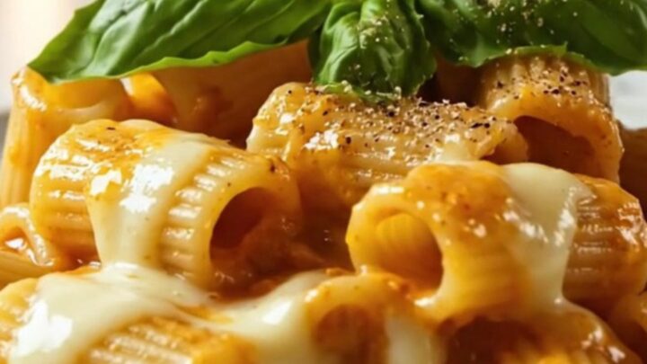 A black spatula scooping up a piping hot mound of shell pasta in a creamy roasted tomato sauce with melted cheese pulling