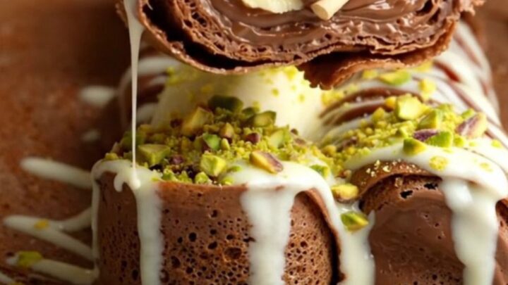 Sliced dessert crepe sushi rolls topped with white chocolate drizzle and pistachios on a platter