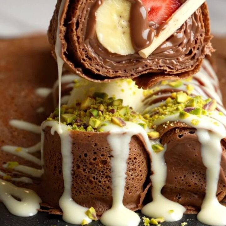 Sliced dessert crepe sushi rolls topped with white chocolate drizzle and pistachios on a platter