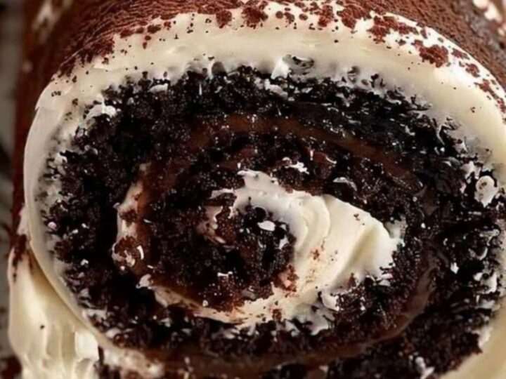 Roulé au chocolat au fudge et à la crème, saupoudré de cacao, sur un plat blanc