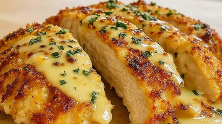 A golden, parmesan-crusted chicken breast on a white plate, topped with a creamy garlic sauce and fresh parsley.